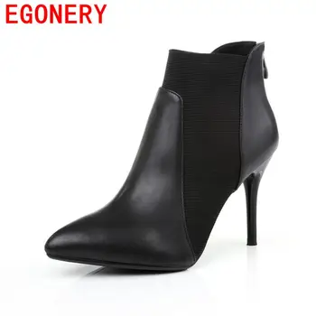 EGONERY shoes 2017 European American fashion ankle boots elegant pointed toe thin high heels concise zipper design black shoes