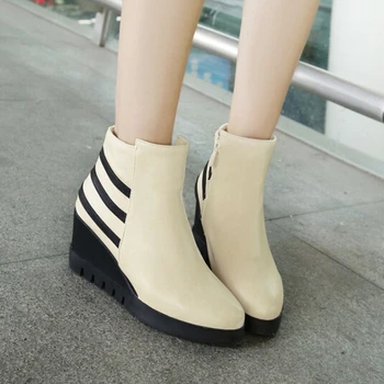 Plus size 34-43 women soft leather shoes autumn and winter round toe wedges platform fashion ankle boots unique style