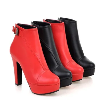 Airfour New FashionHigh Heels Round Toe Platform Shoes Woman Black Shoes Sexy Red Zippers Ankle Boots for Women Large Size 34-43