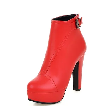 Airfour New FashionHigh Heels Round Toe Platform Shoes Woman Black Shoes Sexy Red Zippers Ankle Boots for Women Large Size 34-43