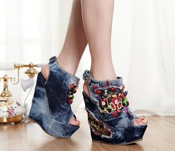 European fashion colorful beandings embroidered peep toe denim sandals buckle strap 12CM wedge heels summer sandal women heels