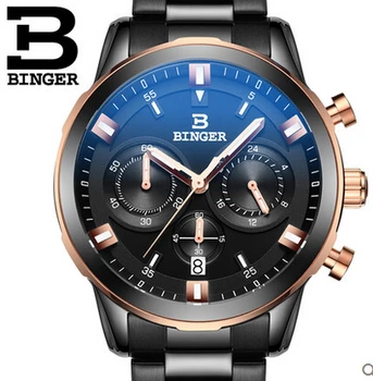 Switzerland Brand New Binger Men's Quartz Multifunction Watch Date With Black Stainless Steel Strap & Dial Wristwatch Watches