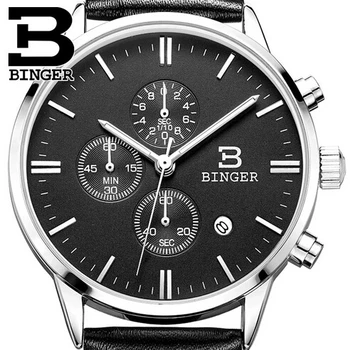 Switzerland Binger Man Watches Top Brand Luxury 6 hand Function Chronograph Watch Military Men Genuine Leather Quartz Wristwatch