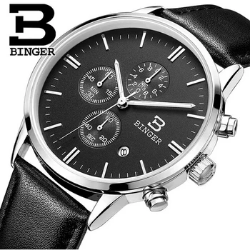 Switzerland Binger Man Watches Top Brand Luxury 6 hand Function Chronograph Watch Military Men Genuine Leather Quartz Wristwatch