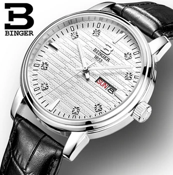 Switzerland Binger Men fashion Leather Quartz Crystal watch Wrist watches Man hour clock relojes relogio feminino