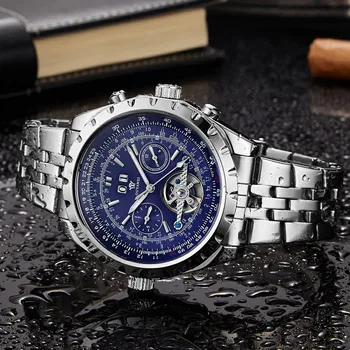 OUYAWEI Men Famous Brand Wrist Watch Automatic Date/Week Tourbillon Flywheel Stainless Steel Mechanical Watch Relogio Masculino