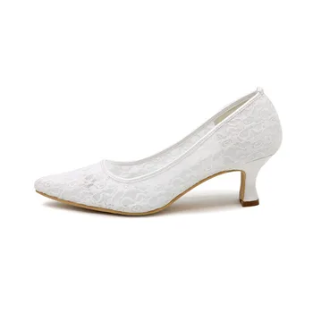 Creativesugar Pointed toe lady's see through soft lace air mesh slip on shoes low middle heel woman shoes white ivory tangerine