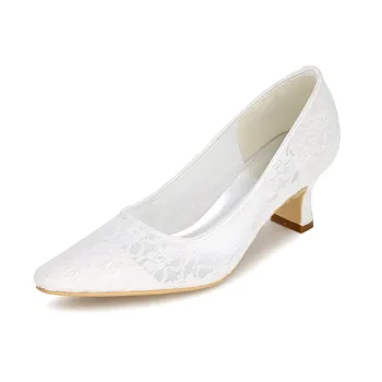 Creativesugar Pointed toe lady's see through soft lace air mesh slip on shoes low middle heel woman shoes white ivory tangerine
