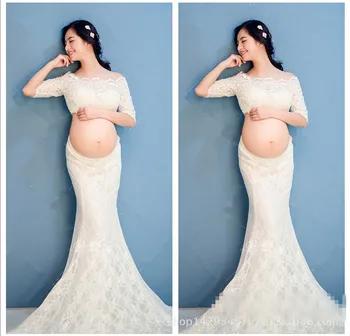 White Lace Long Pregnancy Dresses Mermaid Maternity Gown for Photo Shoot Maternity Photography Props Solid Pregnant Clothes