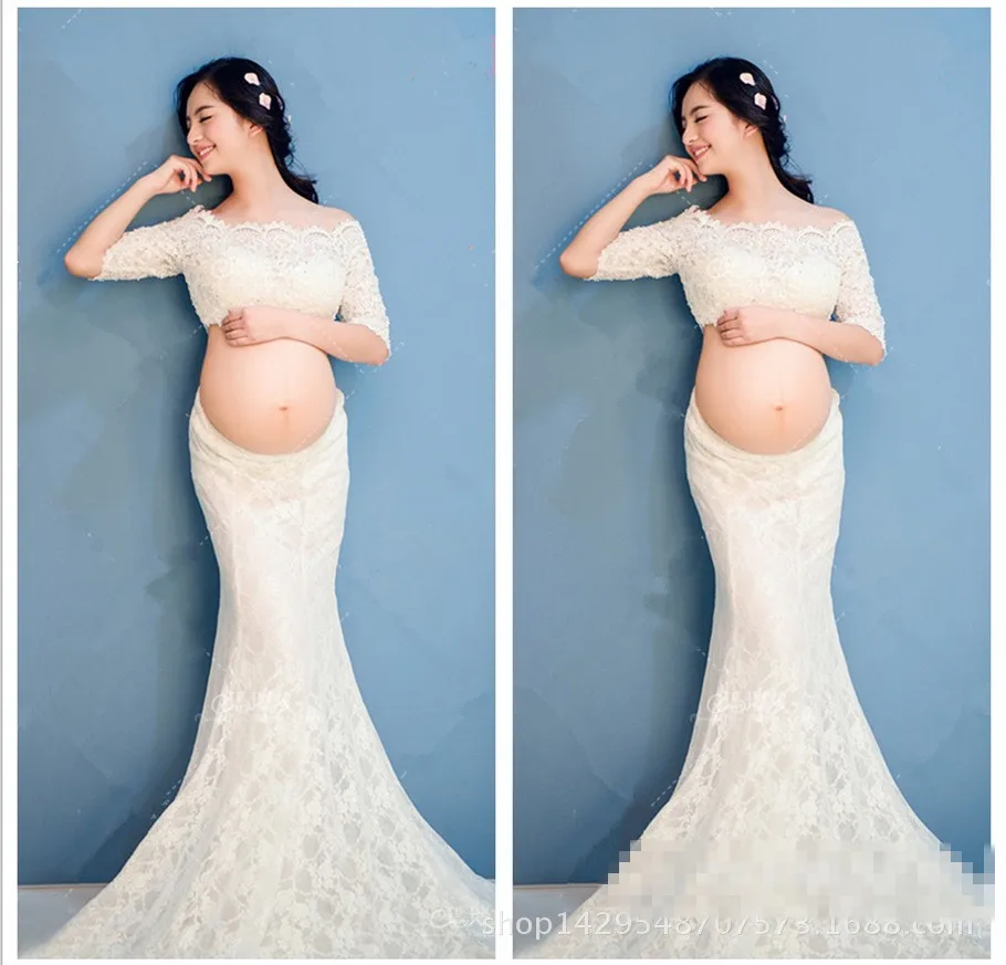 White Lace Long Pregnancy Dresses Mermaid Maternity Gown for Photo Shoot Maternity Photography Props Solid Pregnant Clothes