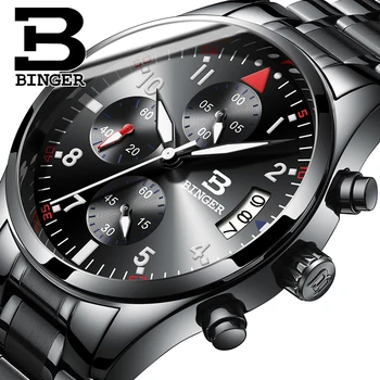 Switzerland men quartz Binger watch Waterproof men's leather strap band sapphire luxury brand chronograph business Wristwatches