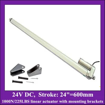 Electric linear actuator with mounting brackets, 24inch=600mm stroke 24v linear actuator with max load 1000N/225LBS/100KGS