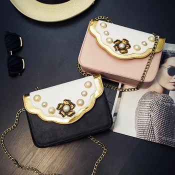 2016 Women Designer Hand Bag Handbags Leather Pearl FLOWER Chains Lock Flap Handbag Lady Shoulder Crossbody Small Messenger Bags