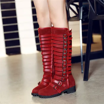 Airfour New Fashion Buckles Nubuck+ Pu Half Boots Winter Autumn Flats Platform Knight Boots Women Black Beige Wine-red Shoes