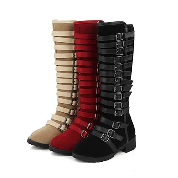 Airfour New Fashion Buckles Nubuck+ Pu Half Boots Winter Autumn Flats Platform Knight Boots Women Black Beige Wine-red Shoes