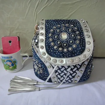 Brand Designer Women Handbags Denim Shoulder Bags Women Messenger Bag Tassel Weaving Rhinestone Tote Bolsas A0215