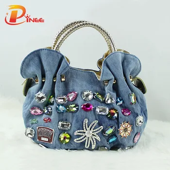 2016 New Women Denim Bags Sweet Blue Pattern Handbags With Diamond Ladies Tote Bag Messenger Bags