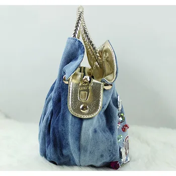 2016 New Women Denim Bags Sweet Blue Pattern Handbags With Diamond Ladies Tote Bag Messenger Bags