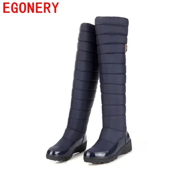 EGONERY shoes 2016 women fashion knee high boots modern winter falt with shoes down round toe slip-on snow boots