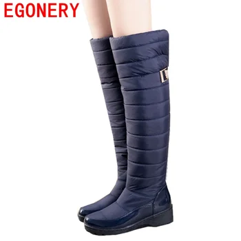EGONERY shoes 2016 women fashion knee high boots modern winter falt with shoes down round toe slip-on snow boots