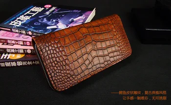 Leather handmade wallet men handbag retro bags vegetable tanned head layer cowhide hand bag crocodiles handbags Long zipper