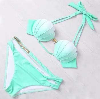 Women Sexy Swim Wear 2017 Gradient color Swimwear Brazilian Bikini seashell shape Beachwear Halter Swimsuit Push Up Bathing Suit