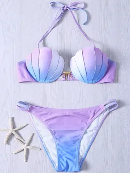 Women Sexy Swim Wear 2017 Gradient color Swimwear Brazilian Bikini seashell shape Beachwear Halter Swimsuit Push Up Bathing Suit