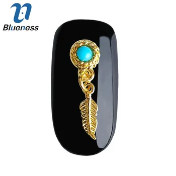 Blueness 10Pcs Studs 3D Accessory Blue Round Gold Leaf-pierced Earrings Alloy Design Nail Art Rhinestones Decorations Tip TN2095