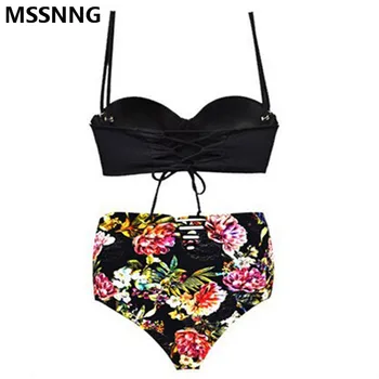 MSSNNG 2017 New Sexy Black Tube Top Bikini Sets Women Swimsuit Seaside Swimwear Push Up Women Floral print Swimwear Hot Selling
