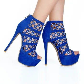 Women Shoes Summer Fashion Pmps Peep Toe High Heels Platform Blue Pumps with Crytal EU34-43 Large Size Shoes Women