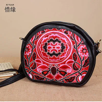 XIYUAN BRAND Hot selling cow genuine leather Embroidery women's Messenger Bags female one shoulder bag black and red color girls