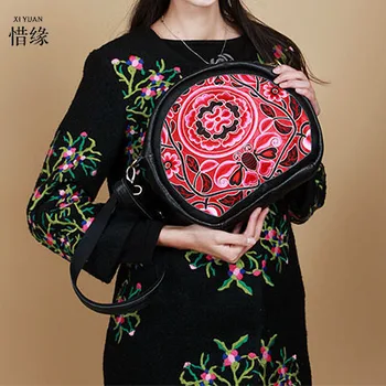 XIYUAN BRAND Hot selling cow genuine leather Embroidery women's Messenger Bags female one shoulder bag black and red color girls