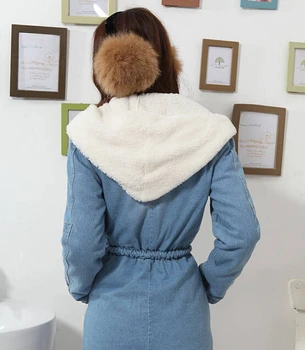 Denim Jacket Women Female Lambs Wool Winter Coat Long Thick Cotton Padded Parka