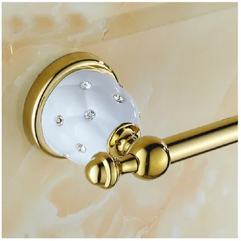 Wholesale And Retail Golden Brass Bathroom Towel Rack Holder With Diamond Ceramic Base W/ Hook Hangers Wall Mounted