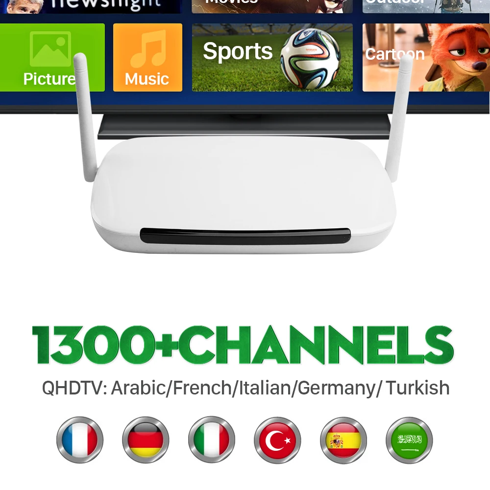 1300+ IPTV Arabic Channels Subscription 1 year HD Smart TV Box Q9 STB QHDTV French TV Receivers In Europe Italian Media Player