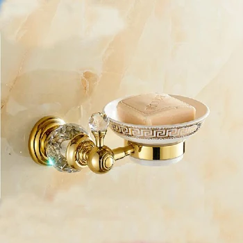 Wholesale And Retail Luxury Golden Brass Soap Dish Holder Crystal Hanger w/ Ceramic Dish Wall Mounted Bathroom Accessories
