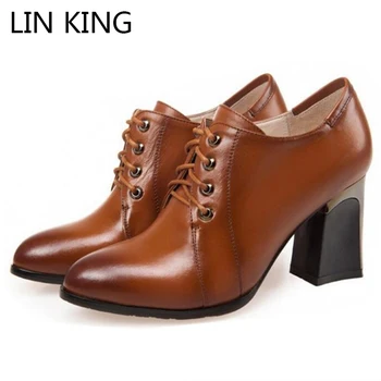 LIN KING Designer Women Pumps Genuine Leather Thick Hoof Heel High Heel Shoes Parey Wedding Lace Up Pointed Toe Shoes Big Size