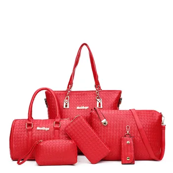 Fashion Plaid Women's Casual Tote bag PU Leather Ladies Shoulder Bags Handbags Wallet 6 pcs / set