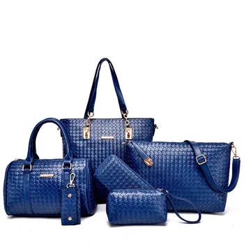 Fashion Plaid Women's Casual Tote bag PU Leather Ladies Shoulder Bags Handbags Wallet 6 pcs / set