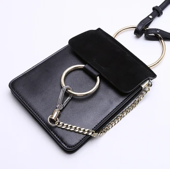 European style big metal ring contrast color cowhide leather mini shoulder bag phone case bag