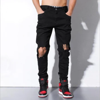 Casual lcasual men's straight type jeans cultivation solid color cowboy there was a hole in the knee jeans trousers men
