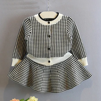 Leader Autumn Girls Clothing Sets 2017 New Knitted Suits Long Sleeve Plaid Jackets+Skits 2Pcs for Kids Suits