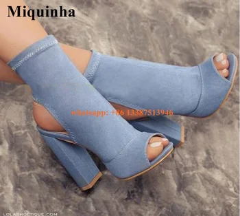2017 Hot Selling Women Fashion Open Toe Blue Denim Thick Heel Ankle Boots Slip-on Bandage Super High Short Boots Jean Boots
