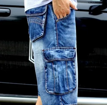 Cargo Denim Shorts Men Bleached Retro Style 2017 New Garment Washed Male Denim Capris Multi Pockets Plus Size