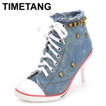 TIMETANG the spring and autumn period and the canvas painting rivet the stiletto heels shoes women