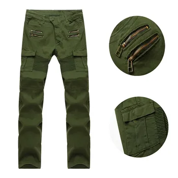 2017 Trend Folds Zipper Stretch Jeans Feet Men's Cargo Pants Army Green Casual Pants Cotton Trousers For Men Pants Trousers