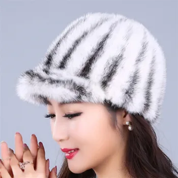 10 colors real mink fur caps hats for women weave soft striped casual warm winter cap hat female beanies
