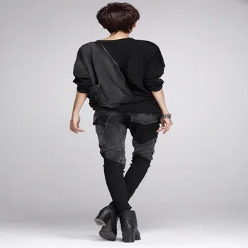 New Fashion Rteo Womens Casual Cargo Punk Pieced Patch Trousers Relaxed Skinny Jeans Pants Black
