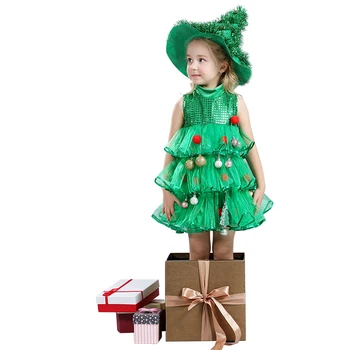 Christmas Tree Girls Dress Kids Princess Tutu Dance Performance Baby Green Dresses Party Clothing Free Hat