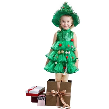 Christmas Tree Girls Dress Kids Princess Tutu Dance Performance Baby Green Dresses Party Clothing Free Hat
